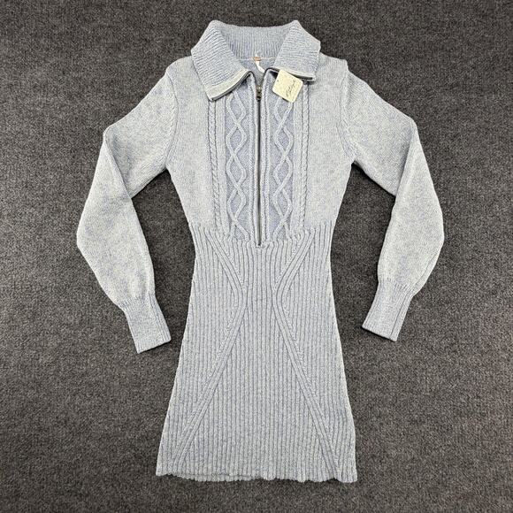 Free People Dresses & Skirts - Free People Sweater Dress Womens Large Blue Cable Knit Zip Long Sleeve Mini